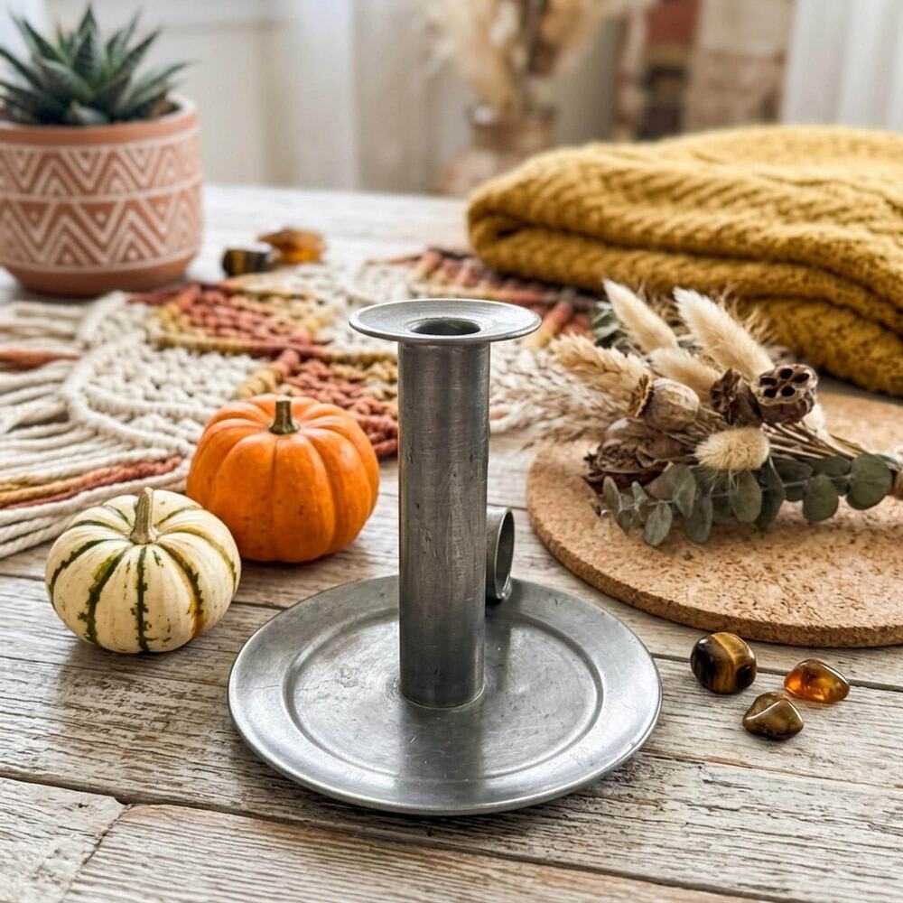 Pewter Taper Holder, Rustic Candle Tray, Matte Pewter Decor, Wide Drip Base